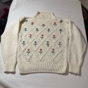 Vintage DESIGNERS ORIGINALS Cream Mock Neck Embroidered Floral Knit Sweater P S